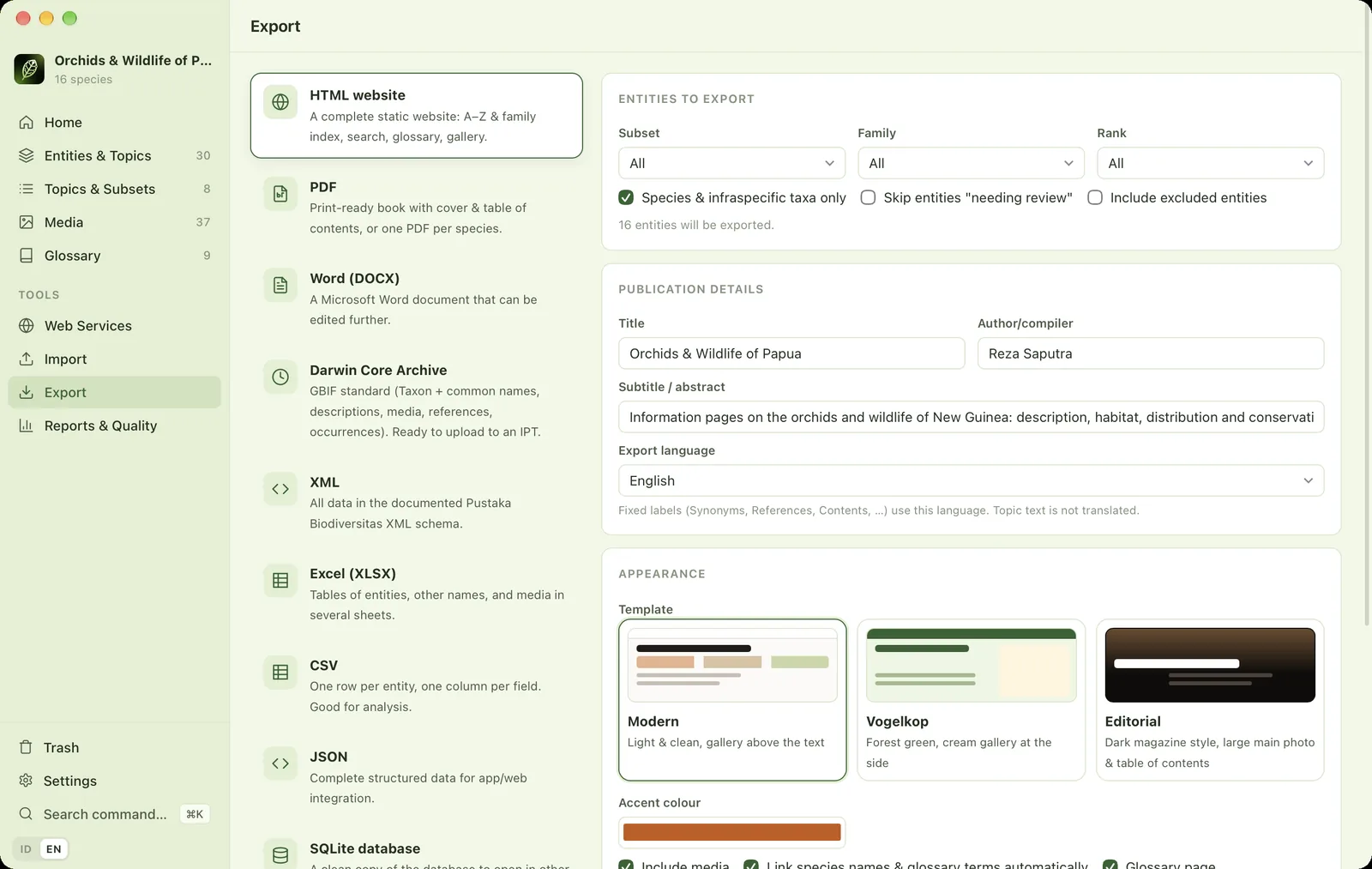 The Export page