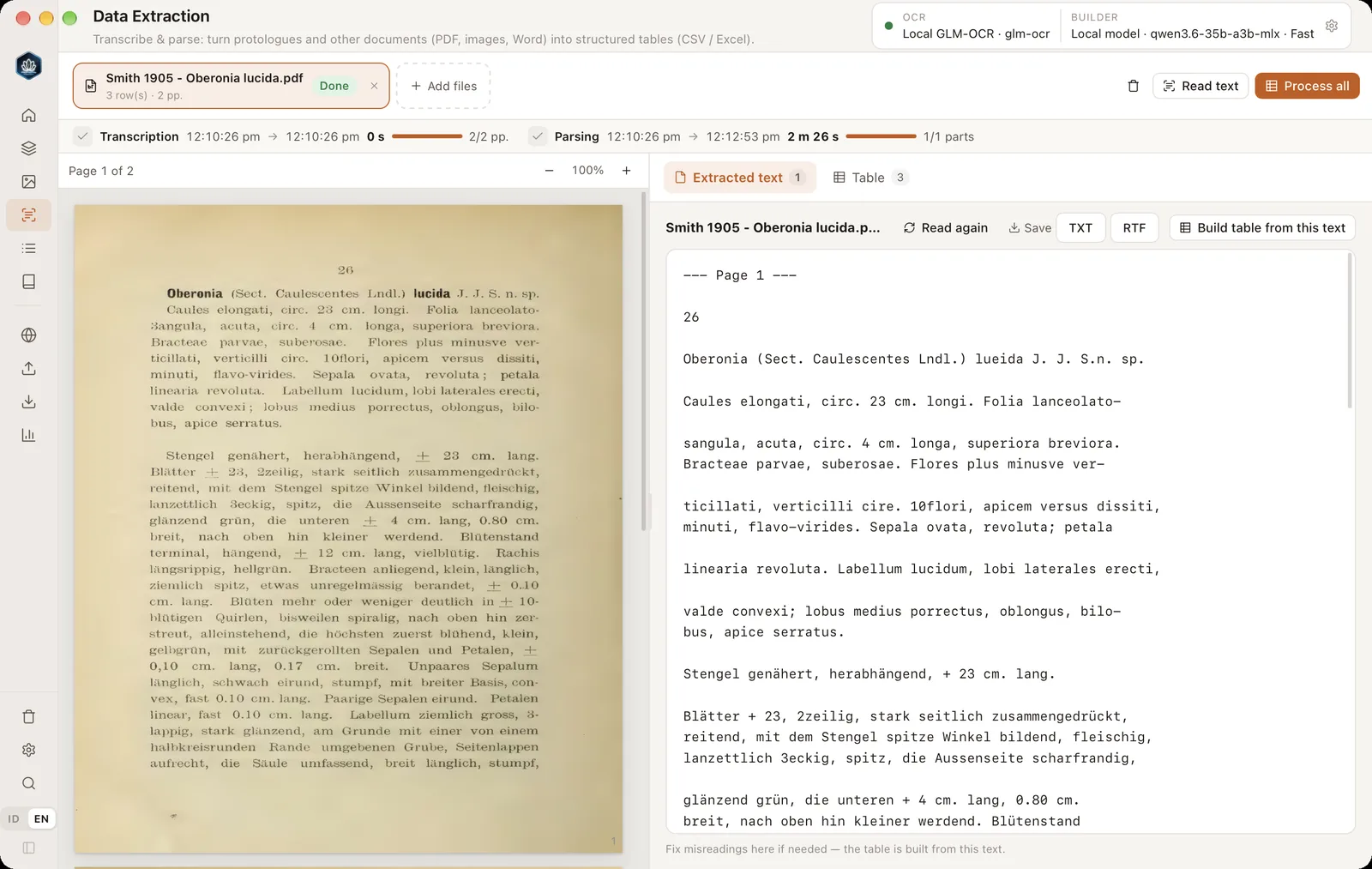 The Data Extraction page: original document on the left, extracted text on the right