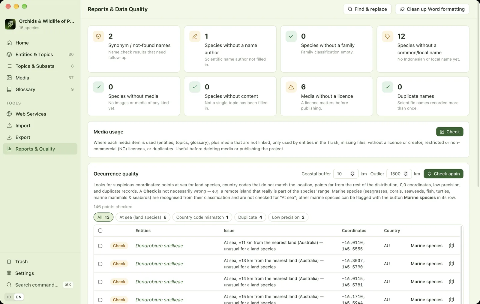 Occurrence quality report