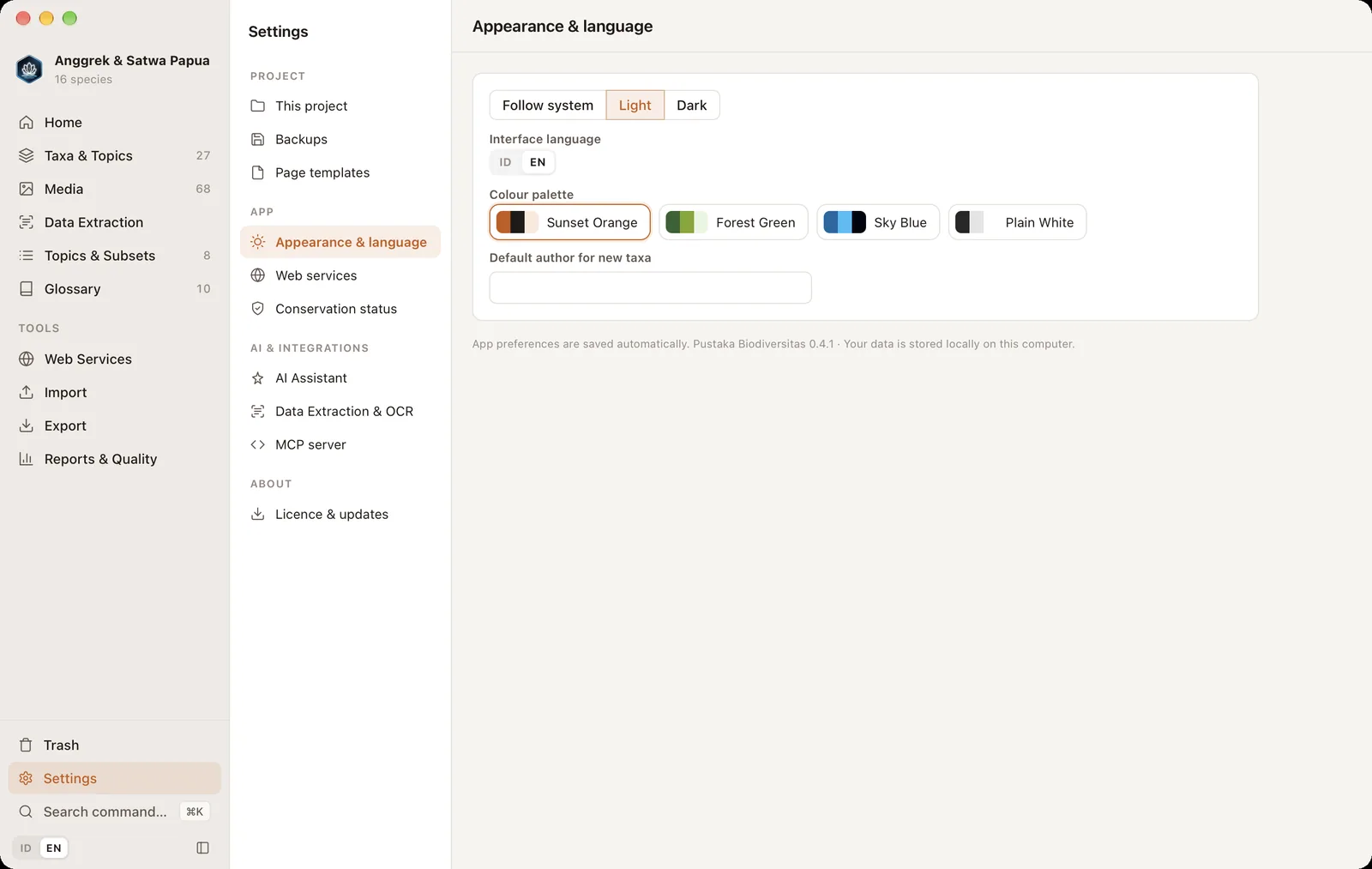 Settings page