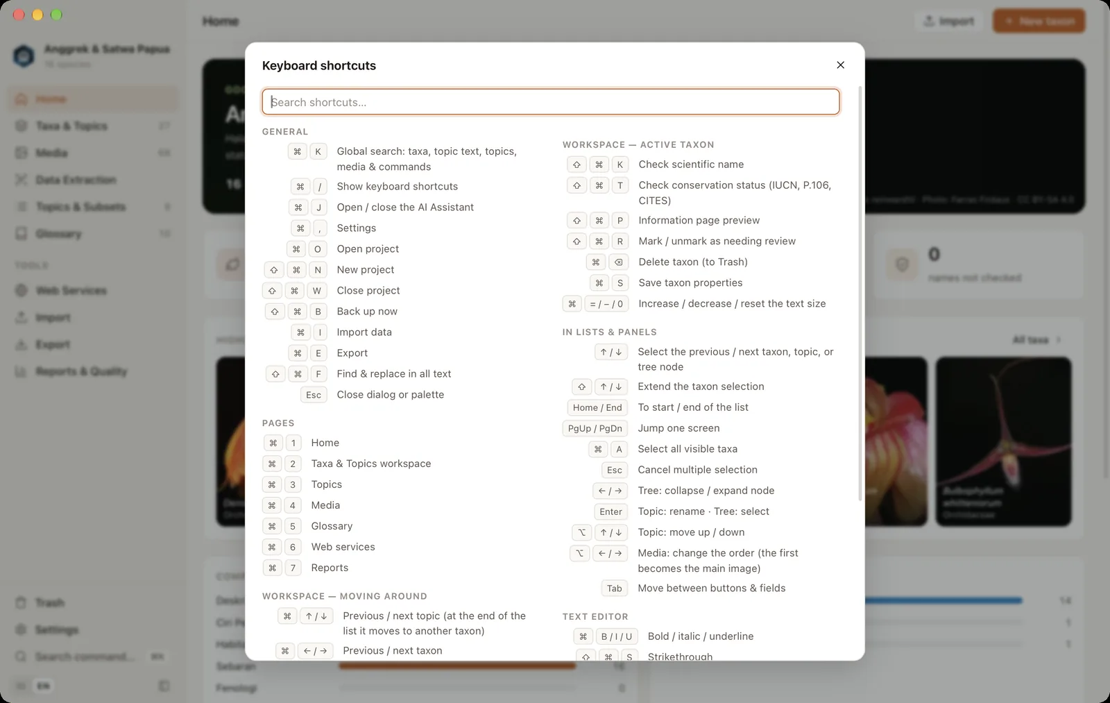 Keyboard shortcut list