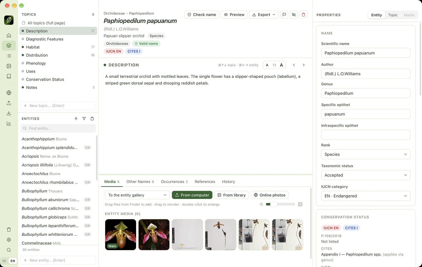 The Entities & Topics workspace with every part numbered