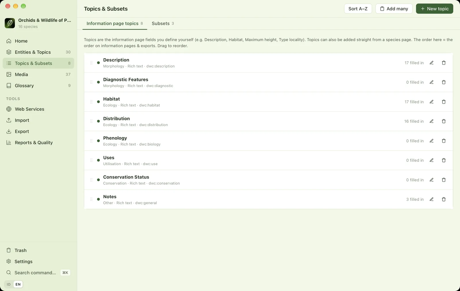 Topics & Subsets page