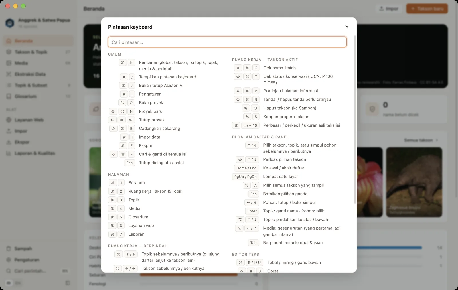 Daftar pintasan keyboard