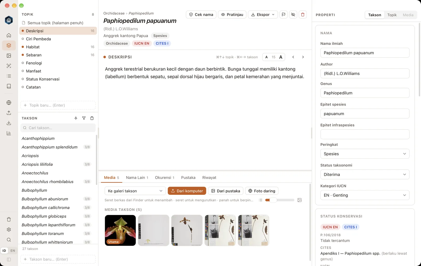 Ruang kerja Takson & Topik dengan semua bagian bernomor